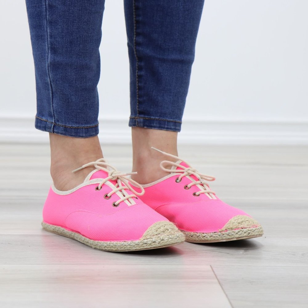 Neon Pink Light Weight Fabric Espadrille Flat Sneakers - Picture 5 of 12